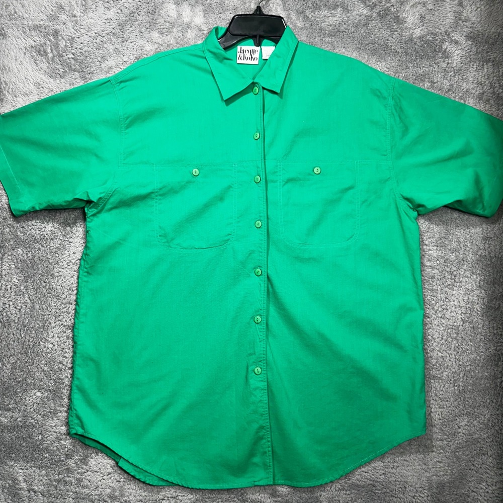 Jacque‎ & Koko Button Down Shirt Womens 14/16 Green Cotton Short Sleeve Pockets